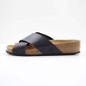 Bio Bio Elle Black Leather Flat Footbed Sandals - Women's 9